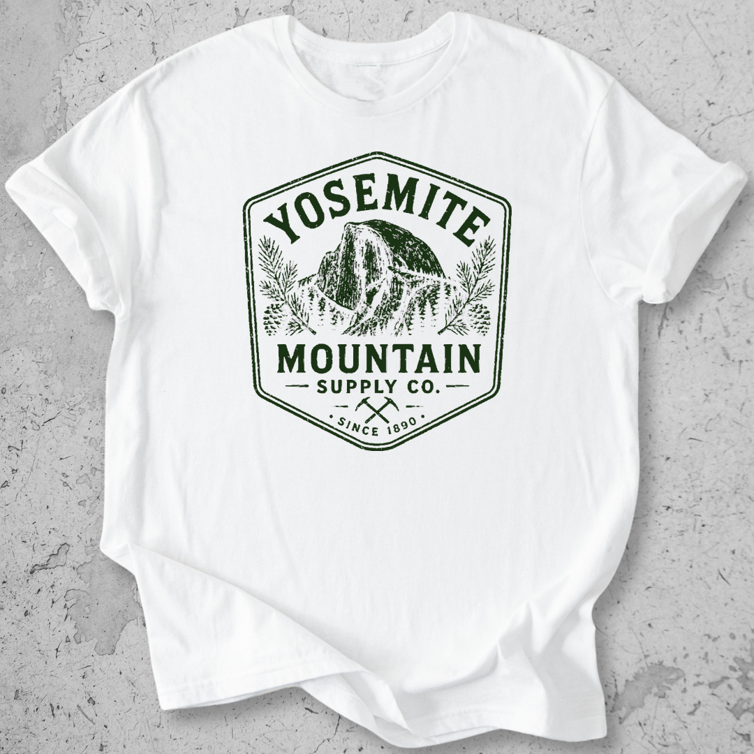 Yosemite Mountain Supply Co t-shirt White  Half Dome badge graphic tee since 1890
