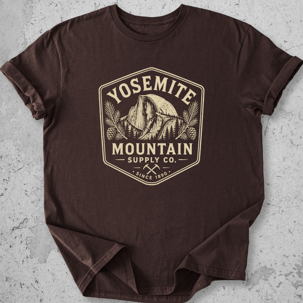 Yosemite Mountain Supply Co t-shirt brown Half Dome badge graphic tee since 1890