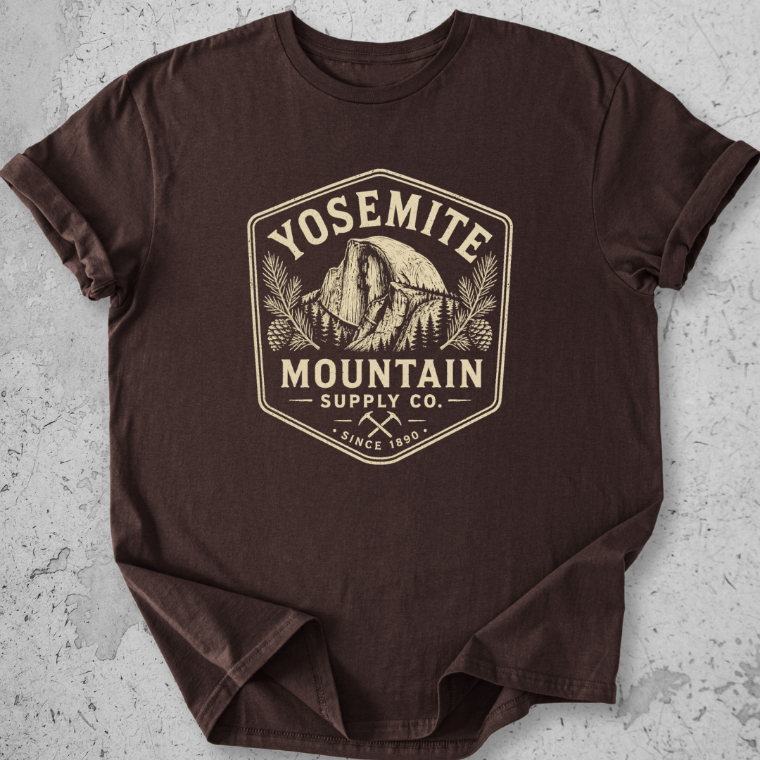 Yosemite Mountain Supply Co t-shirt brown Half Dome badge graphic tee since 1890