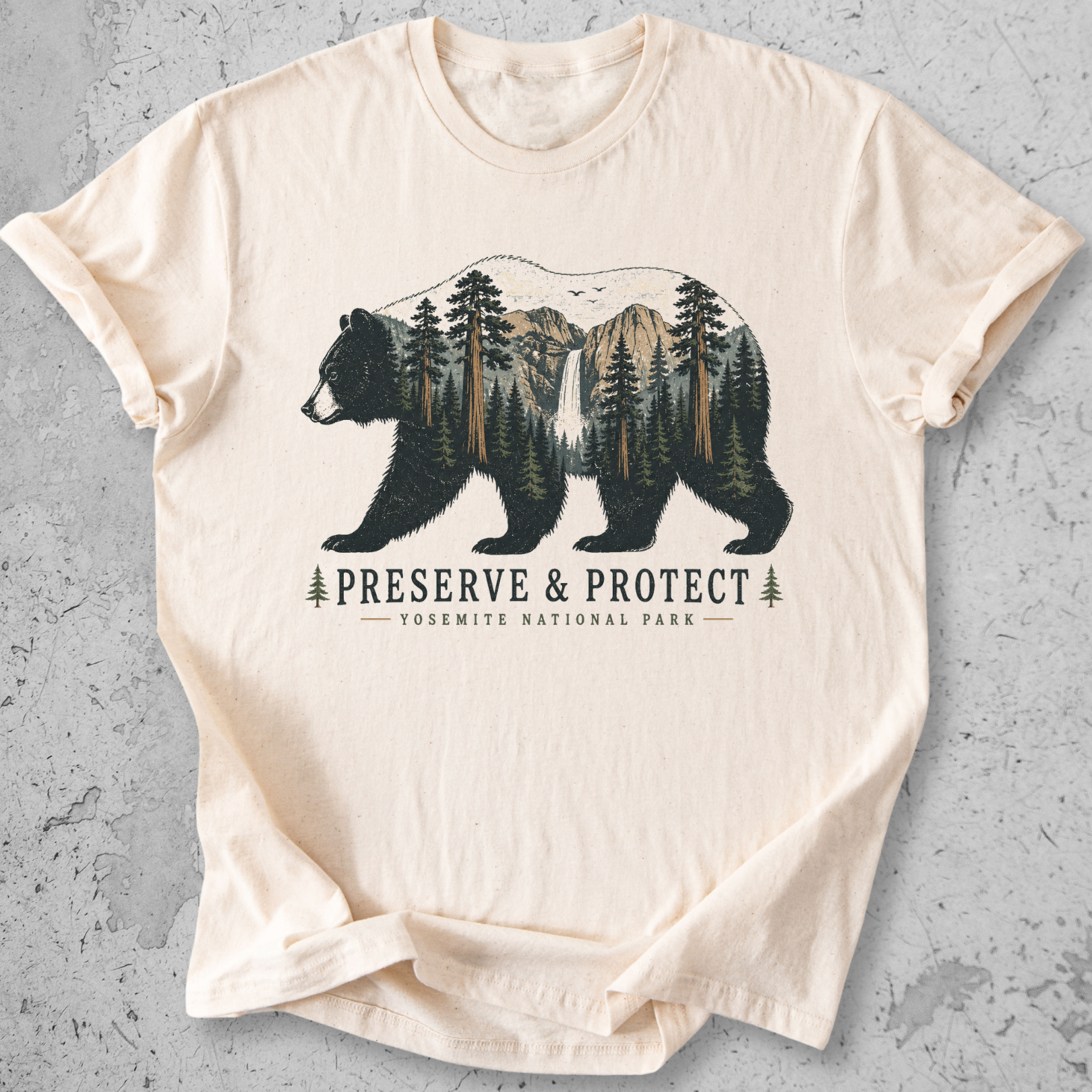 Yosemite National Park bear Preserve Protect t-shirt Ivory Half Dome waterfall silhouette graphic tee
