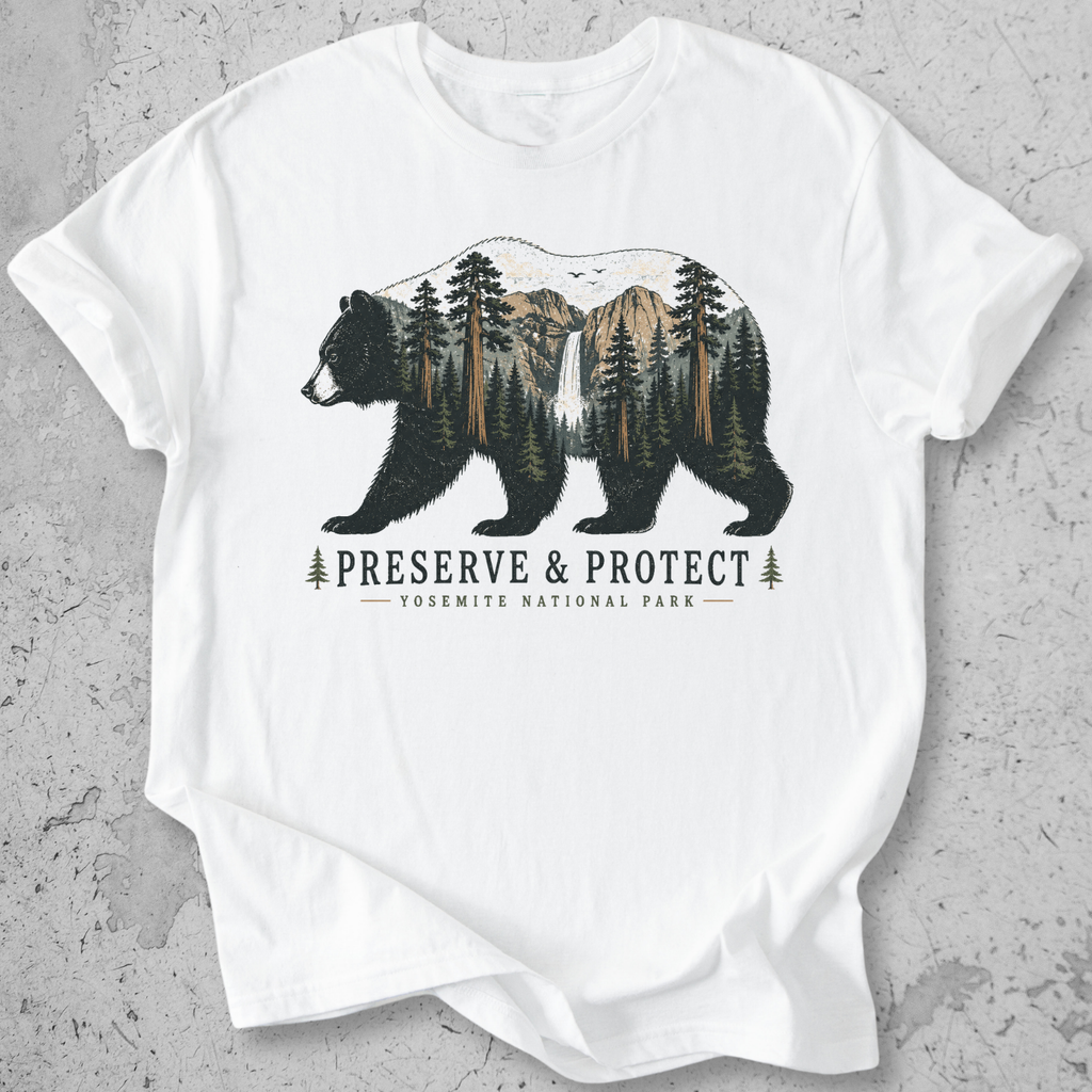 Yosemite National Park bear Preserve Protect t-shirt White Half Dome waterfall silhouette graphic tee