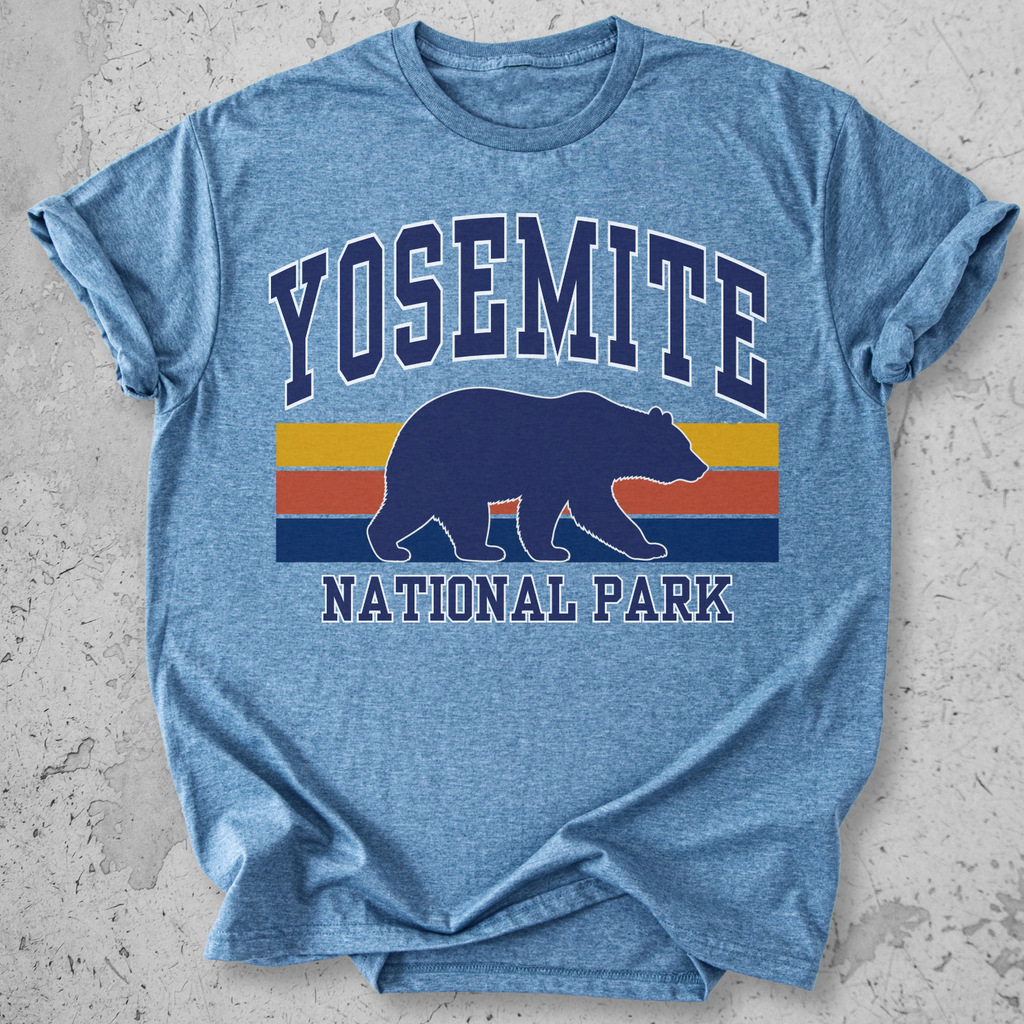 Yosemite National Park bear retro stripe Blue  t-shirt navy gold red vintage graphic tee
