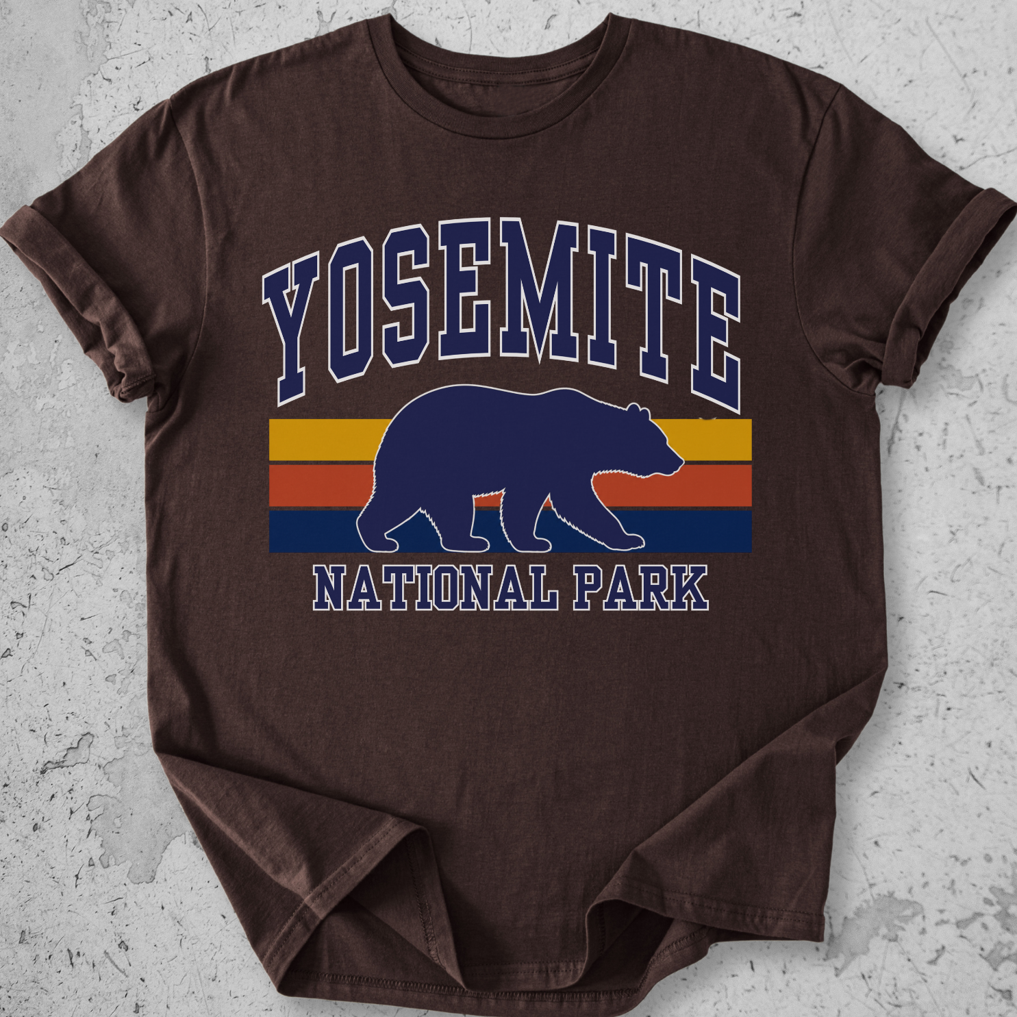 Yosemite National Park bear retro stripe Expresso t-shirt  navy gold  yellow vintage graphic tee