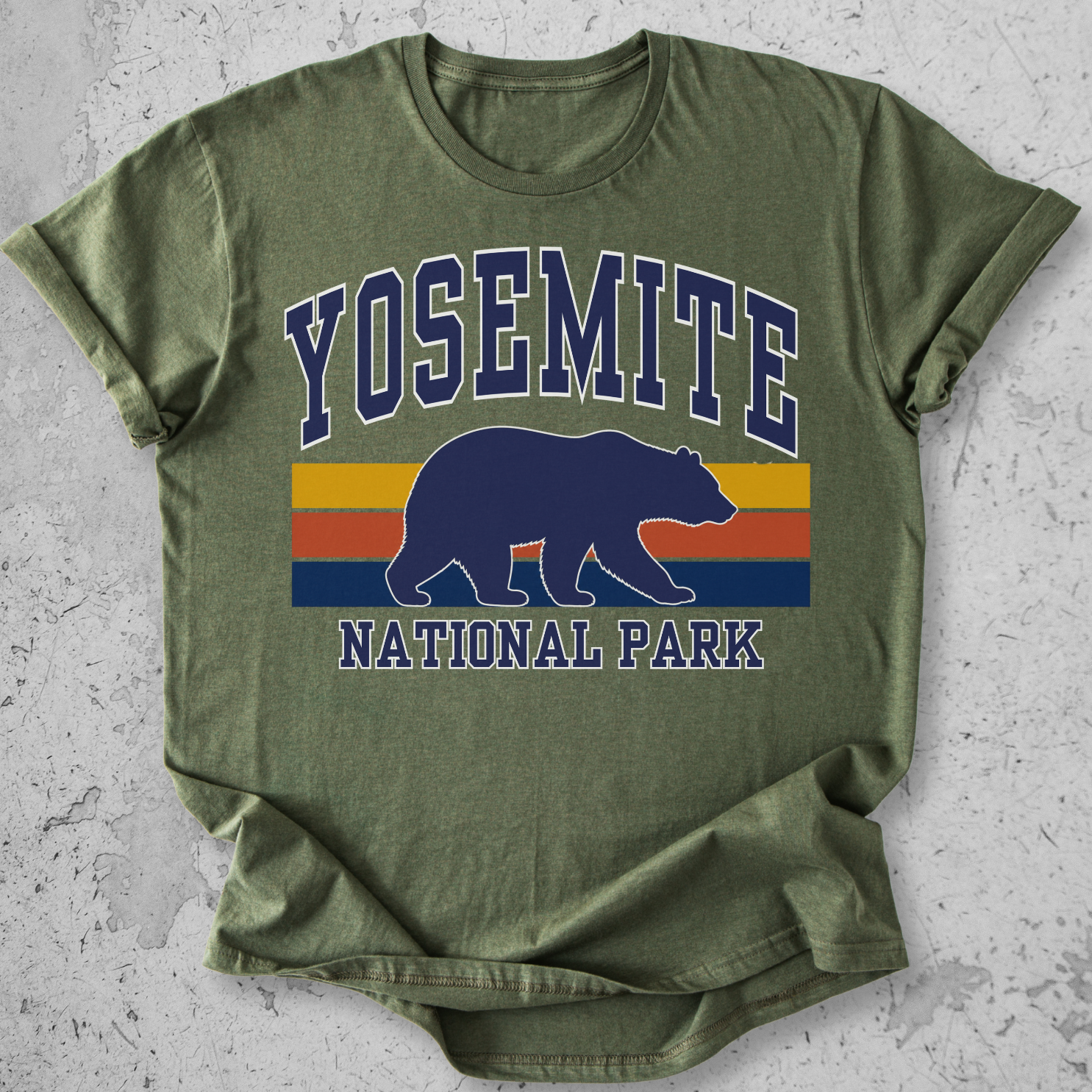 Yosemite National Park bear retro stripe Green t-shirt  navy gold  yellow vintage graphic tee