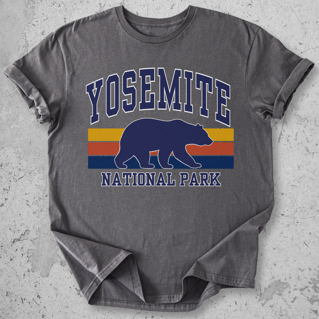 Yosemite National Park bear retro stripe Grey t-shirt  navy gold  yellow vintage graphic tee
