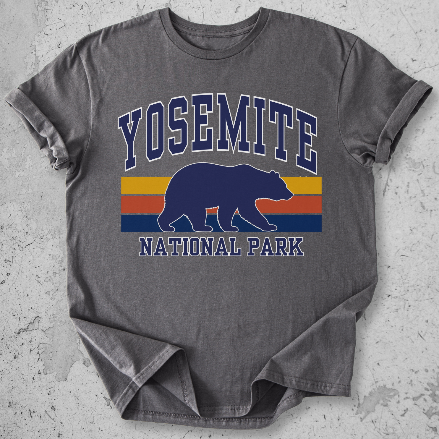Yosemite National Park bear retro stripe Grey t-shirt  navy gold  yellow vintage graphic tee