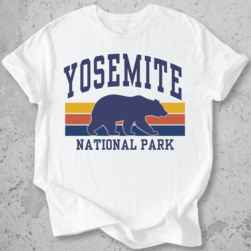 Yosemite National Park bear retro stripe White t-shirt  navy gold  yellow vintage graphic tee