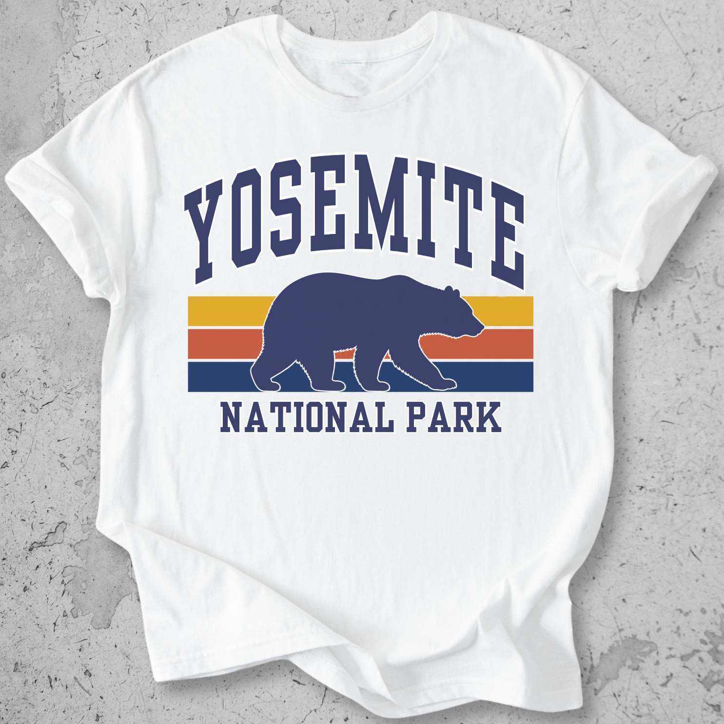 Yosemite National Park bear retro stripe White t-shirt  navy gold  yellow vintage graphic tee