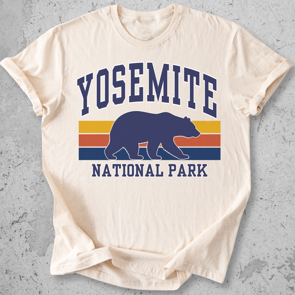 Yosemite National Park bear retro stripe t-shirt cream navy gold vintage graphic tee