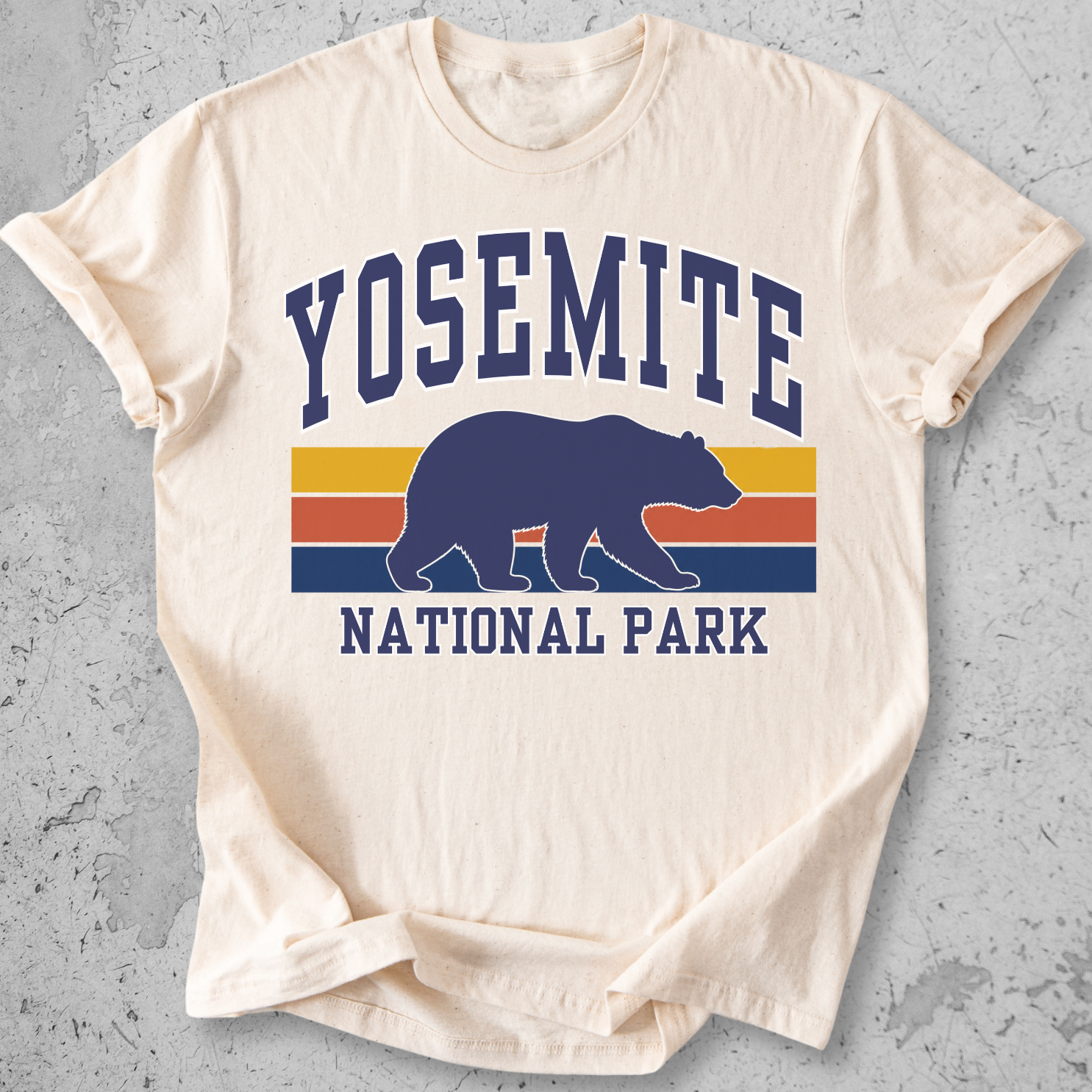 Yosemite National Park bear retro stripe t-shirt cream navy gold vintage graphic tee