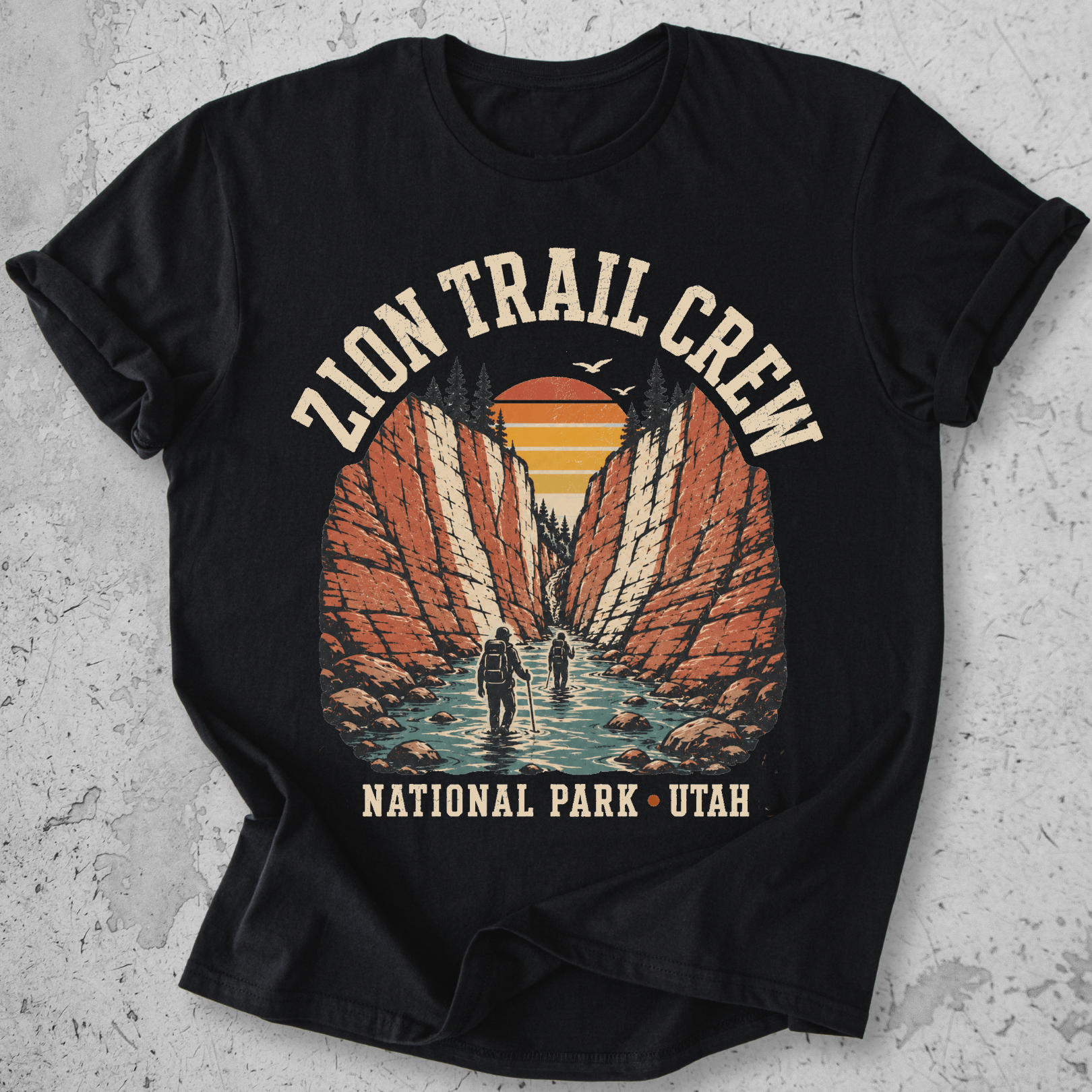 Zion National Park Trail Crew t-shirt Black The Narrows slot canyon Utah hikers graphic tee