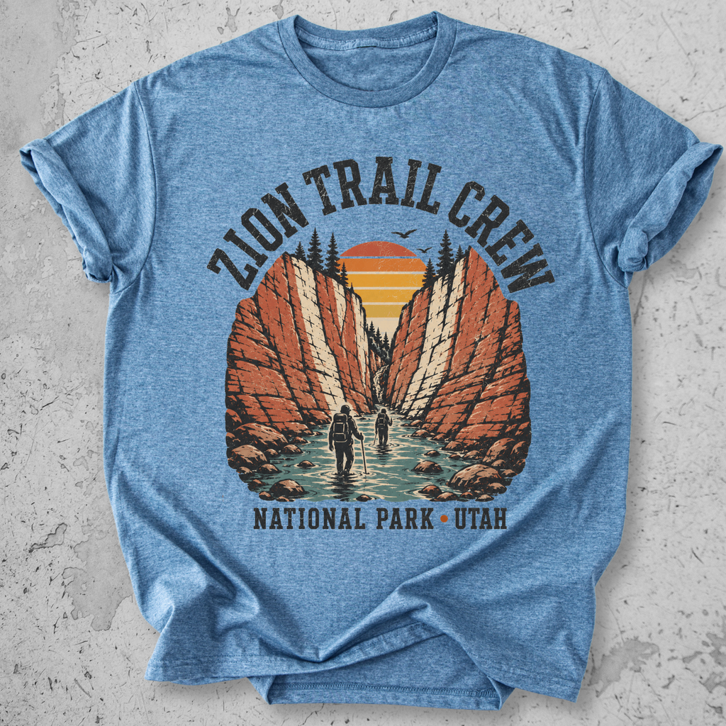 Zion National Park Trail Crew t-shirt Blue The Narrows slot canyon Utah hikers graphic tee