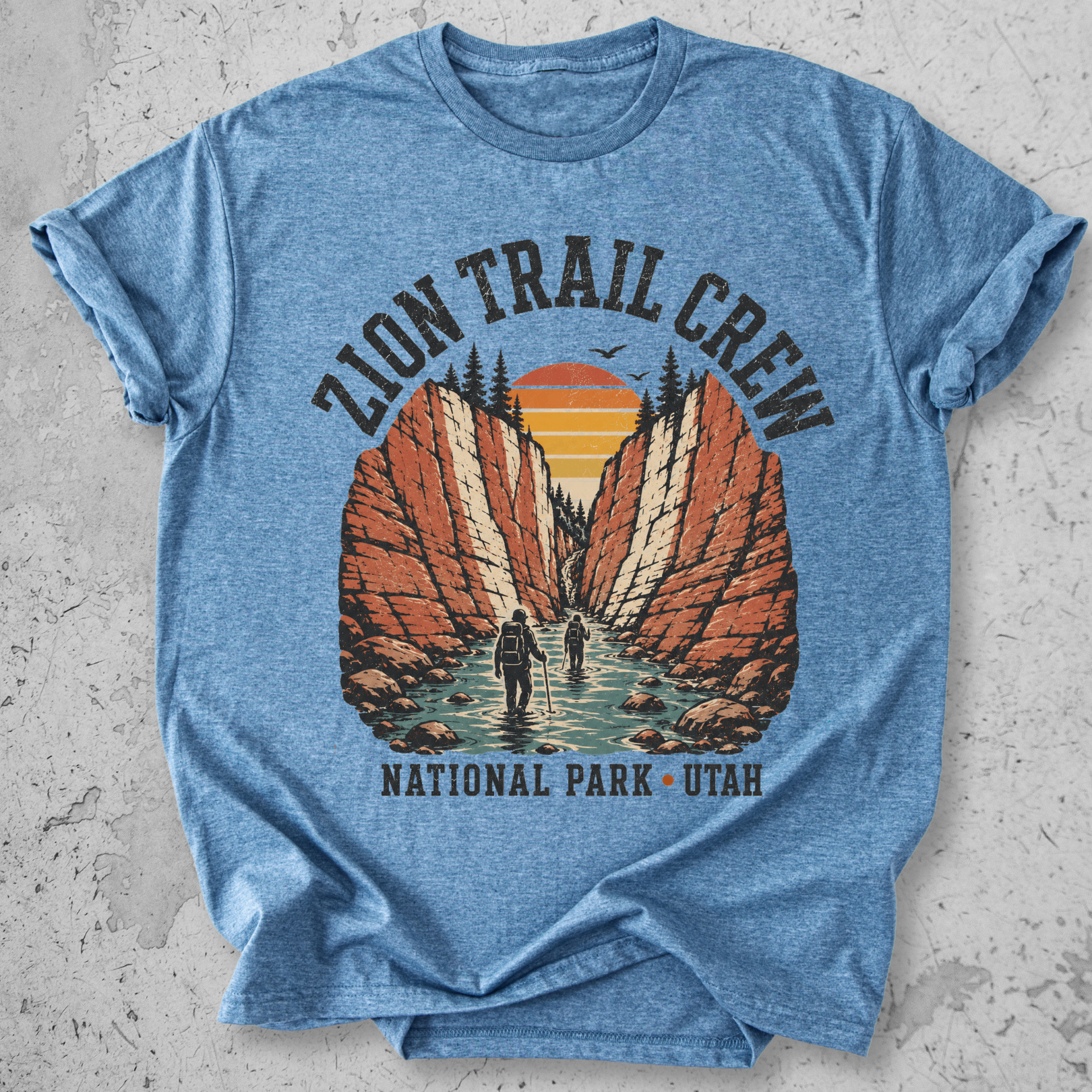 Zion National Park Trail Crew t-shirt Blue The Narrows slot canyon Utah hikers graphic tee