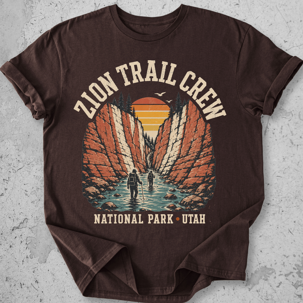 Zion National Park Trail Crew t-shirt Expresso The Narrows slot canyon Utah hikers graphic tee