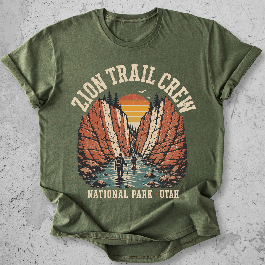 Zion National Park Trail Crew t-shirt Green The Narrows slot canyon Utah hikers graphic tee