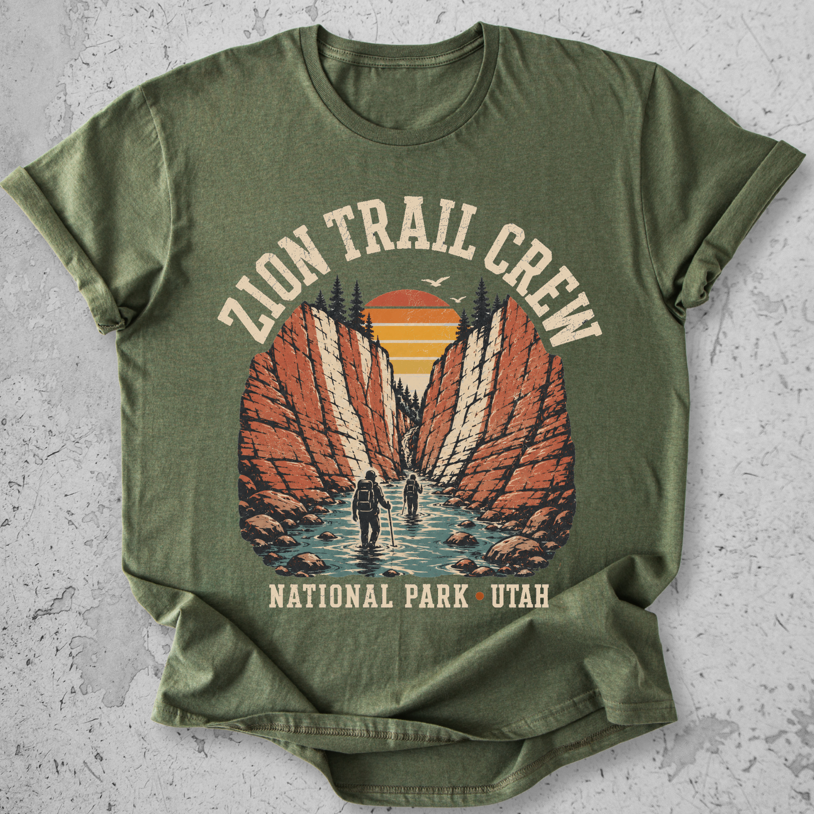 Zion National Park Trail Crew t-shirt Green The Narrows slot canyon Utah hikers graphic tee