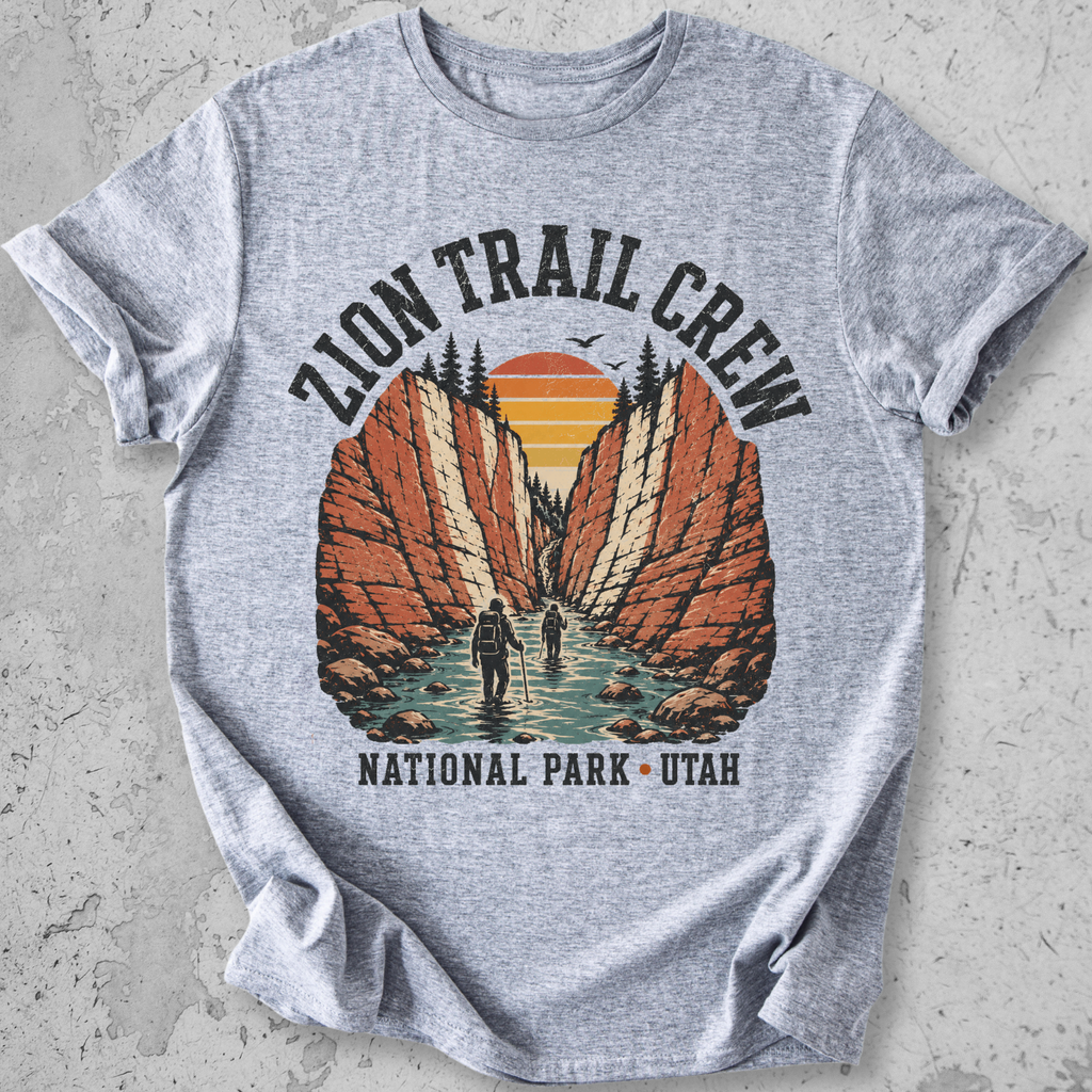 Zion National Park Trail Crew t-shirt Grey The Narrows slot canyon Utah hikers graphic tee