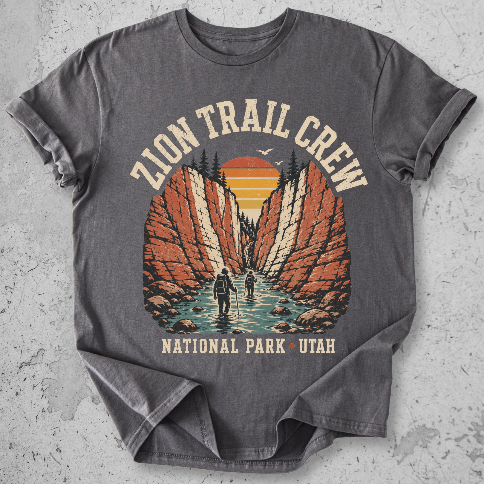 Zion National Park Trail Crew t-shirt Grey The Narrows slot canyon Utah hikers graphic tee