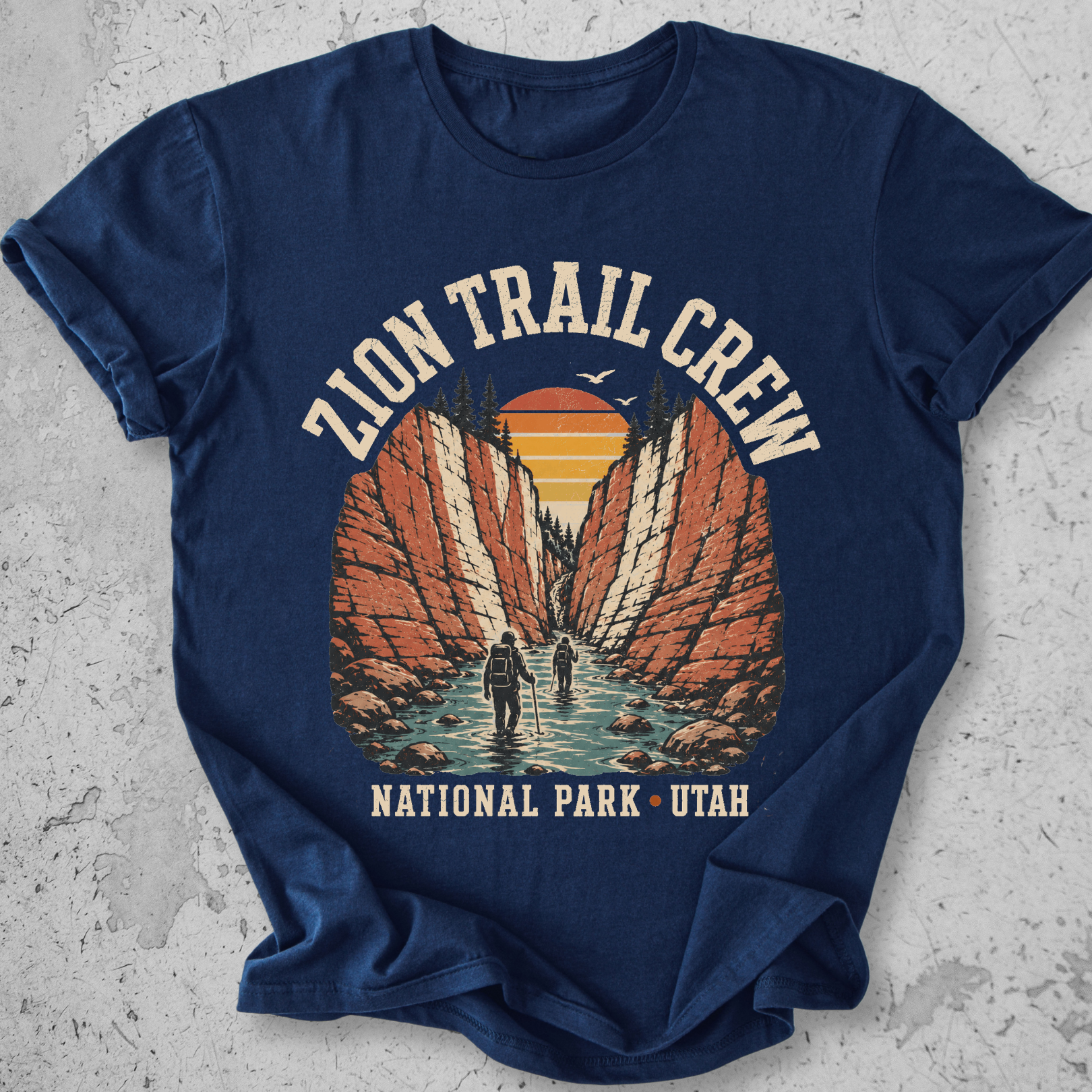 Zion National Park Trail Crew t-shirt Navy The Narrows slot canyon Utah hikers graphic tee