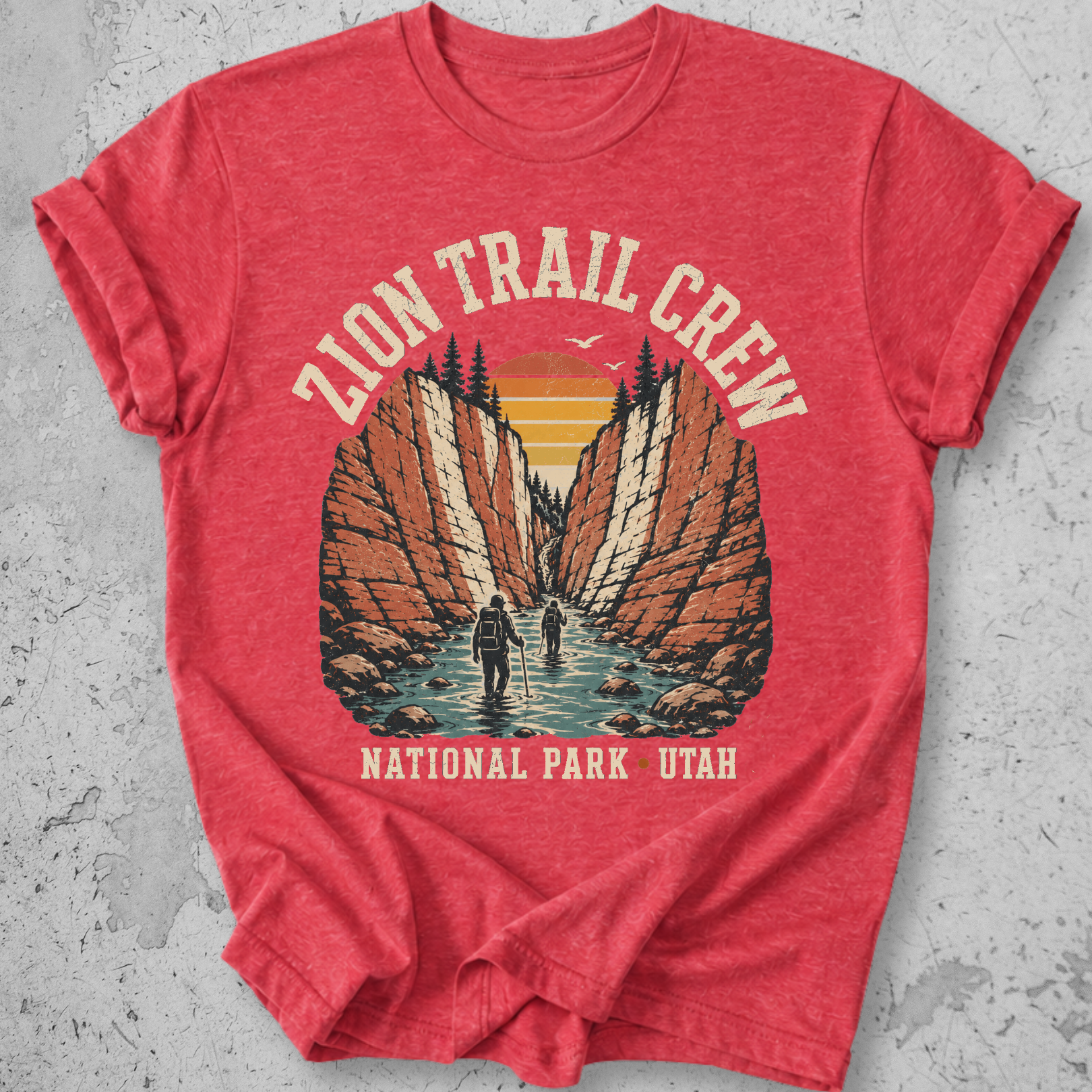 Zion National Park Trail Crew t-shirt Red  The Narrows slot canyon Utah hikers graphic tee