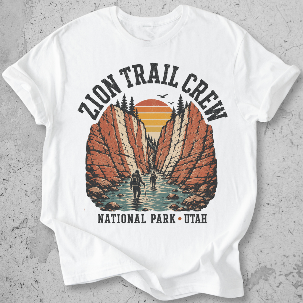 Zion National Park Trail Crew t-shirt White The Narrows slot canyon Utah hikers graphic tee