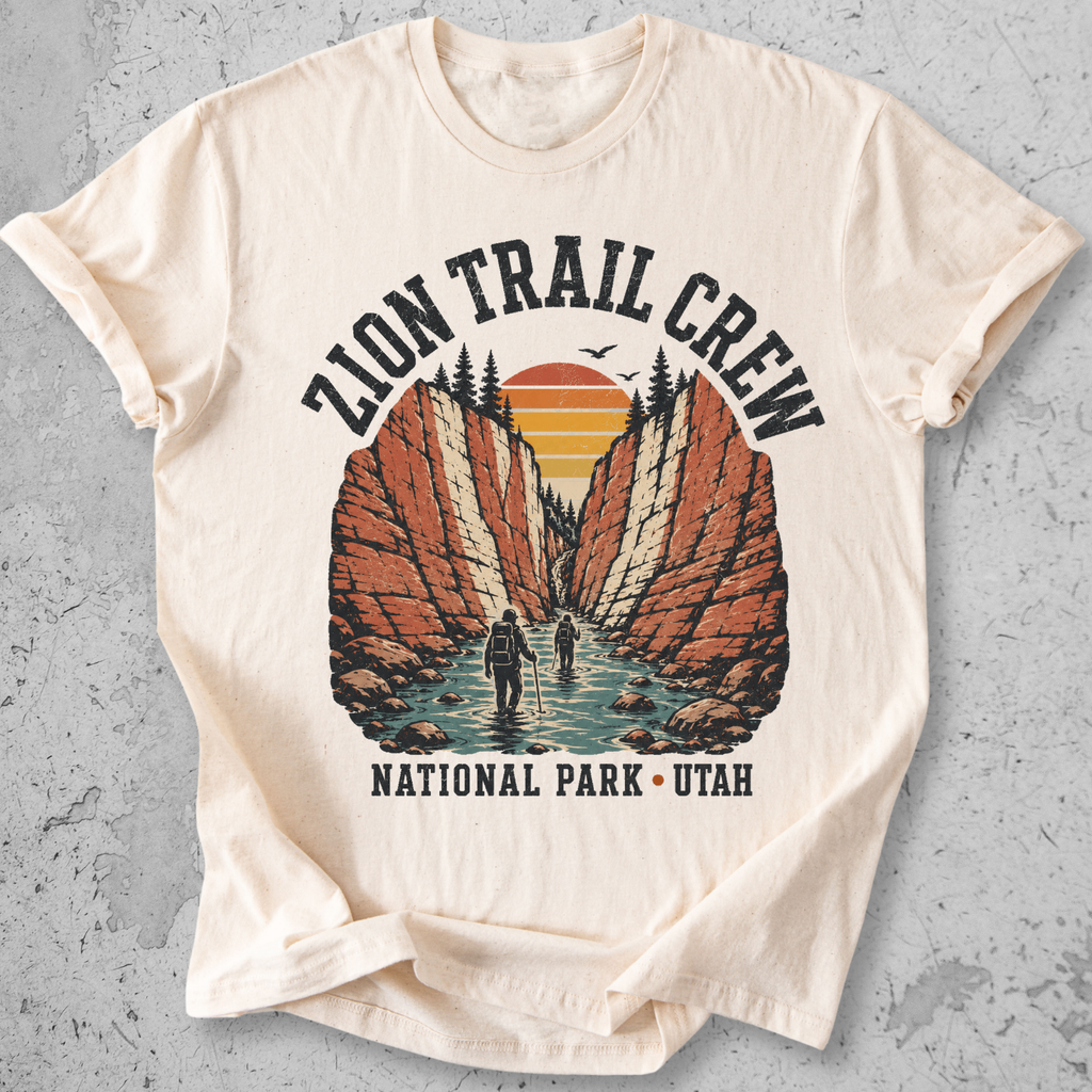 Zion National Park Trail Crew t-shirt cream The Narrows slot canyon Utah hikers graphic tee