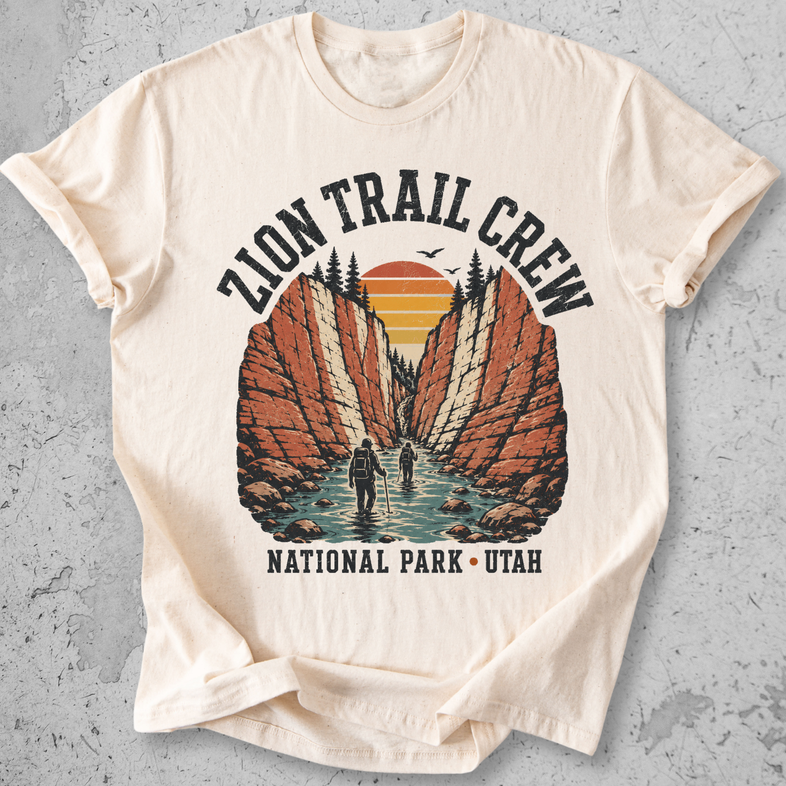 Zion National Park Trail Crew t-shirt cream The Narrows slot canyon Utah hikers graphic tee