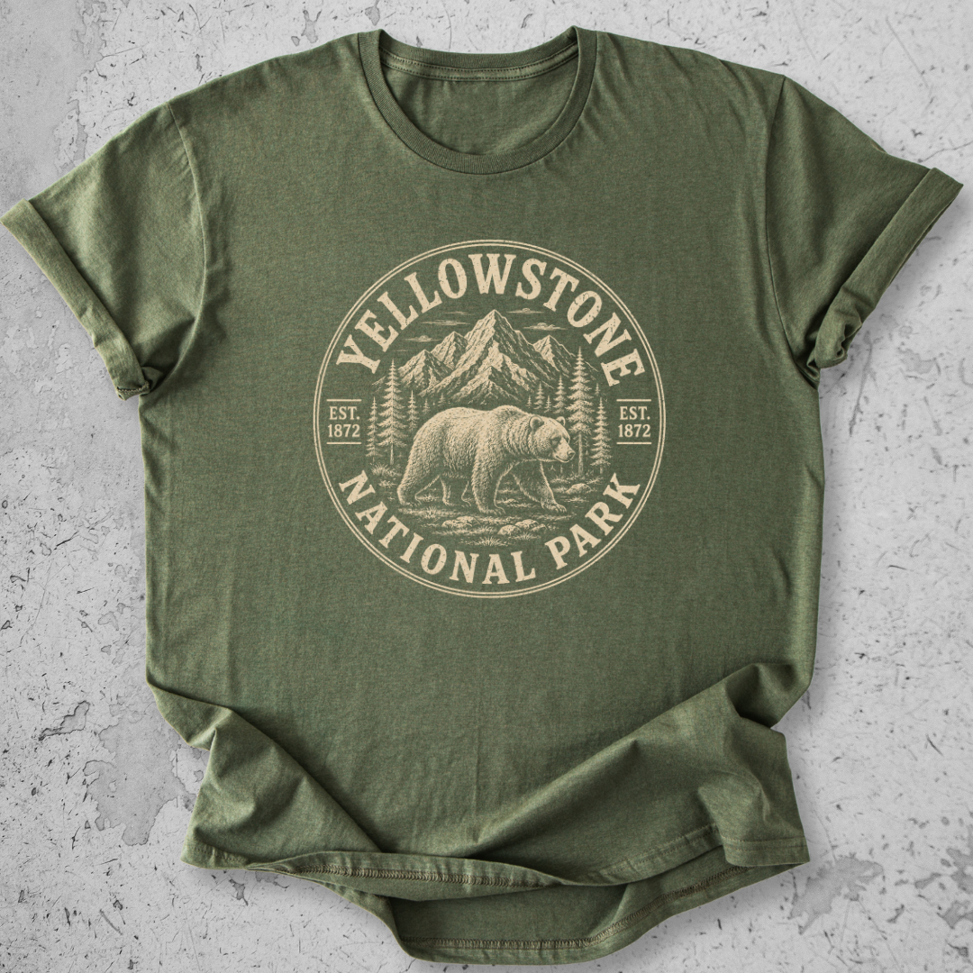 Yellowstone National Park bear medallion t-shirt olive vintage badge grizzly graphic tee Est 1872